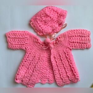 Vintage Pink Crochet Baby Sweater and Hat Set